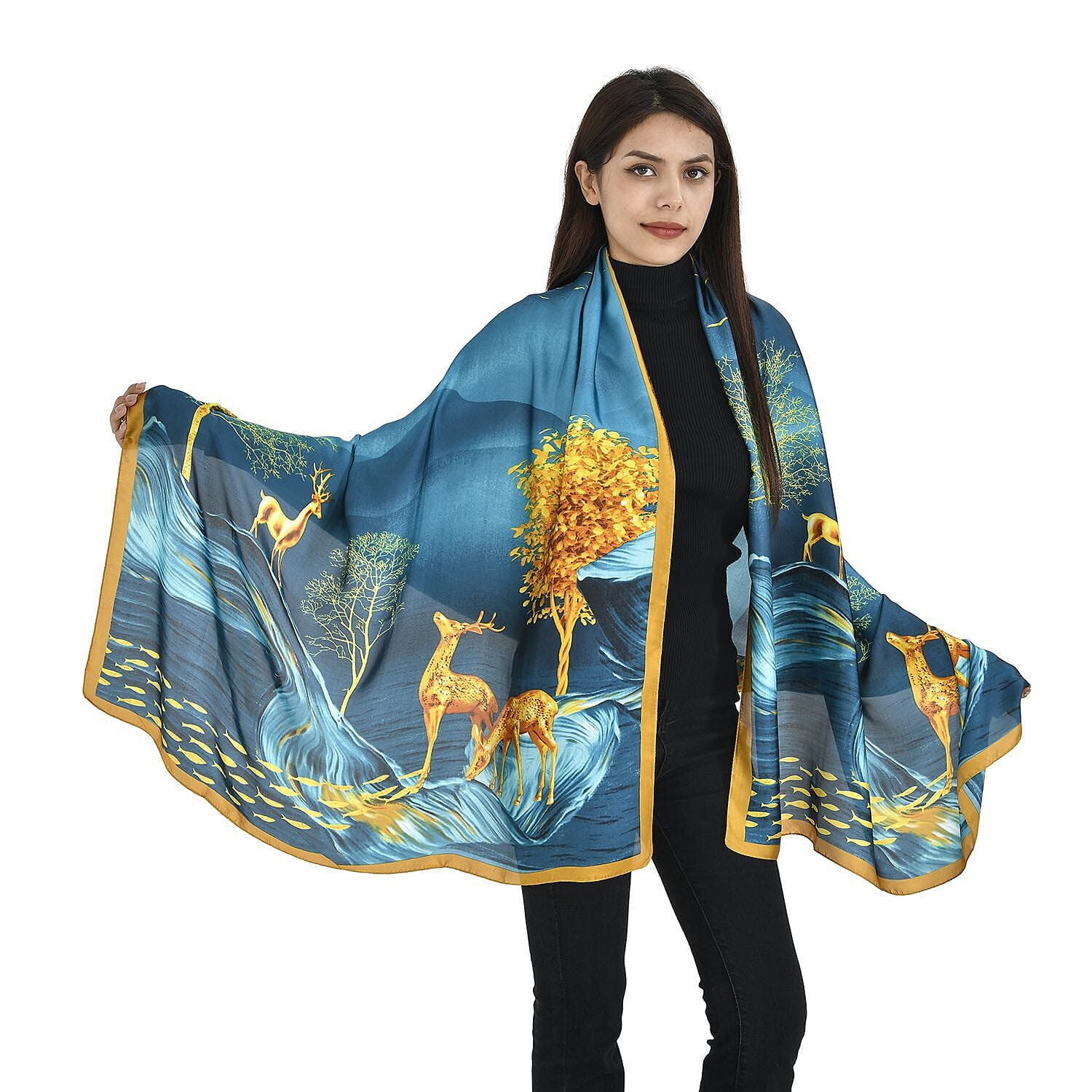 TAMSY Deer Pattern Scarf (Size 180x87 Cm) - Blue