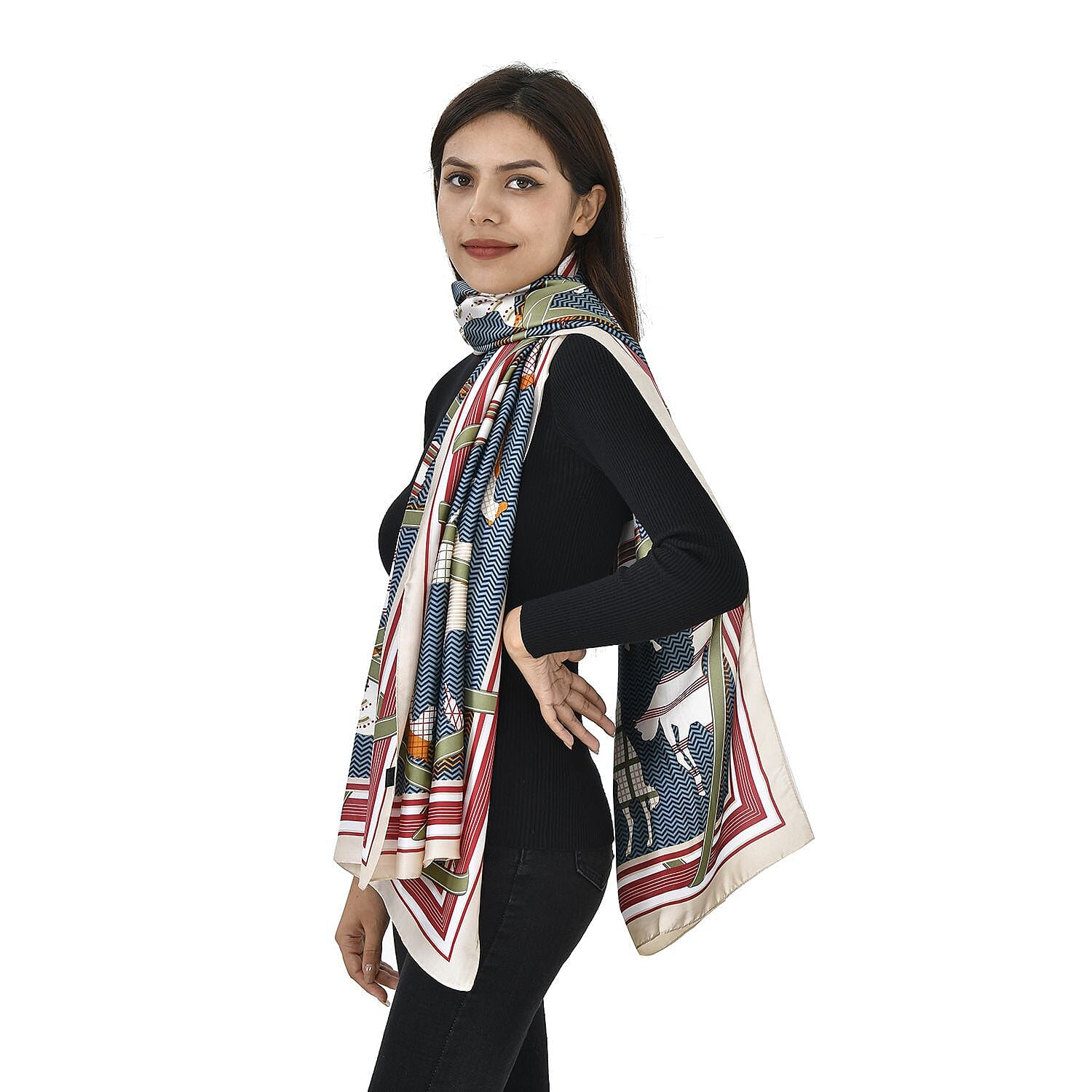 TAMSY Horse Pattern Scarf (Size 180x87 Cm) - Olive