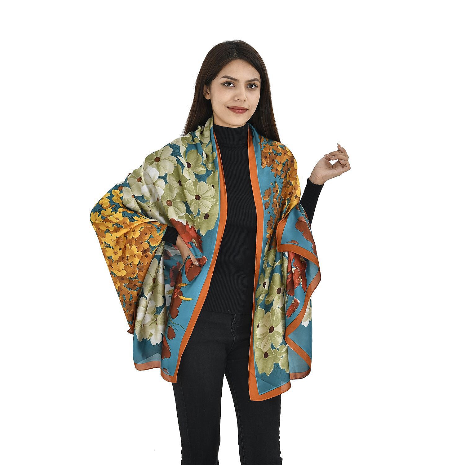 TAMSY Floral Pattern Scarf (Size 180x87 Cm) - Blue