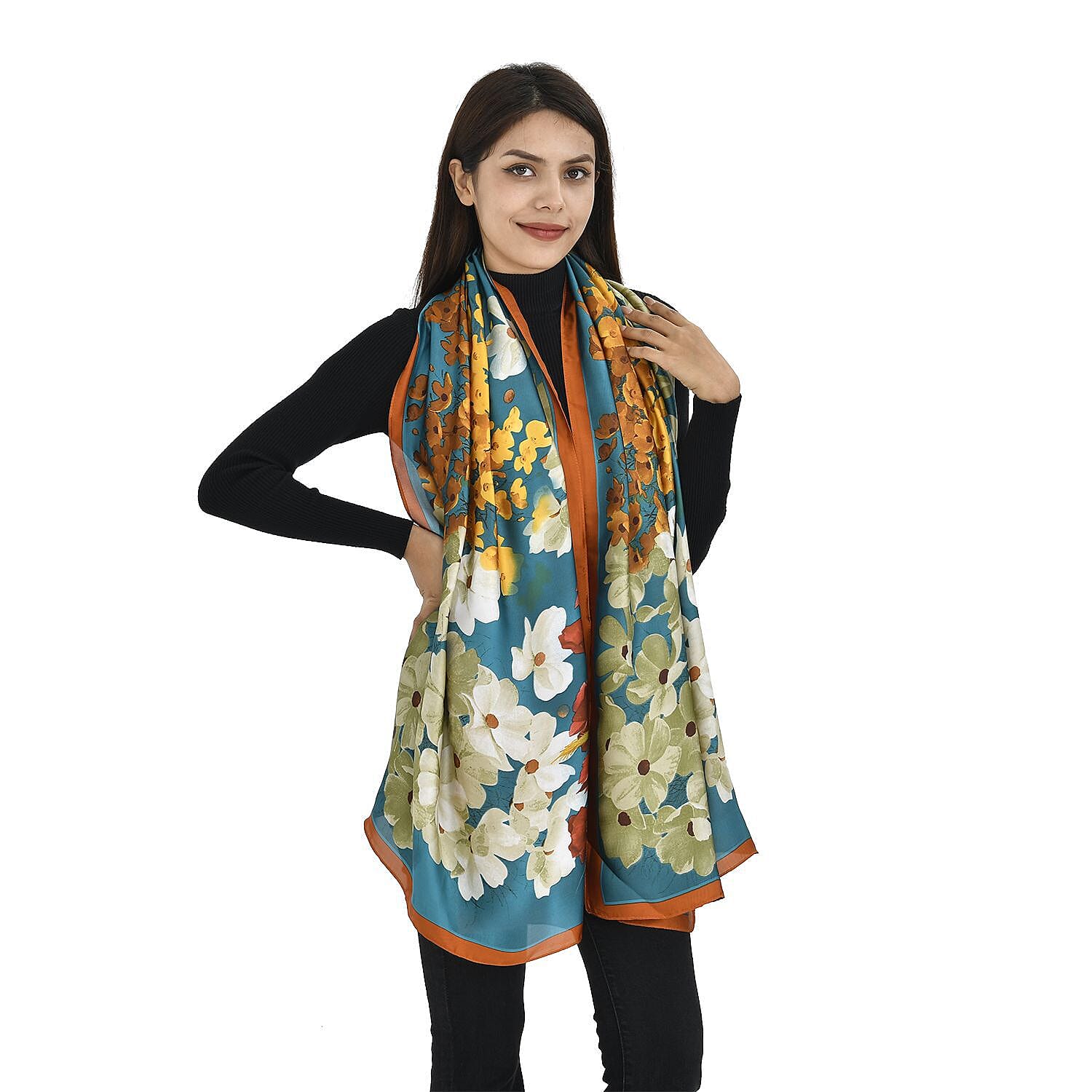 TAMSY Floral Pattern Scarf (Size 180x87 Cm) - Blue