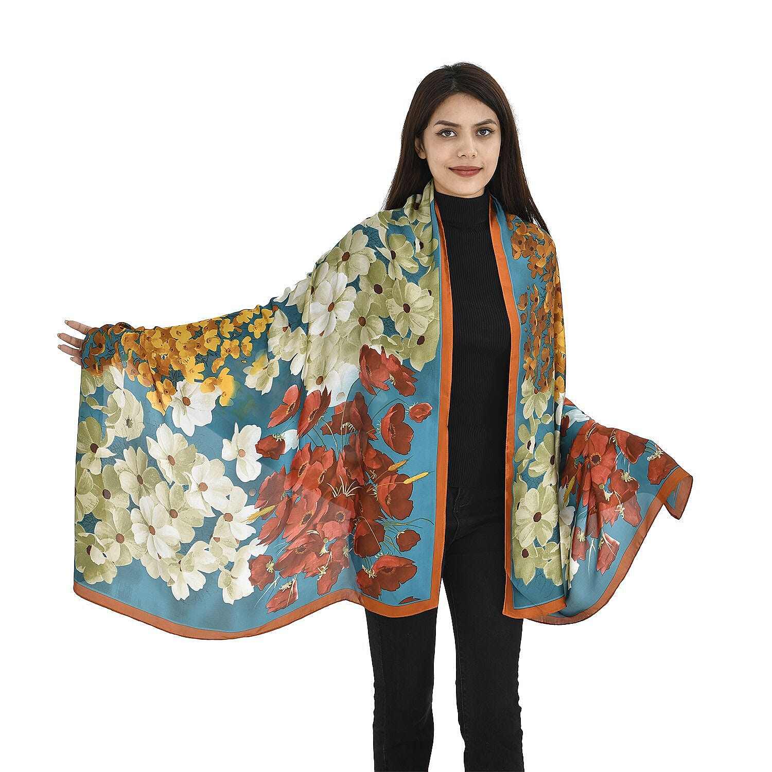 TAMSY Floral Pattern Scarf (Size 180x87 Cm) - Blue