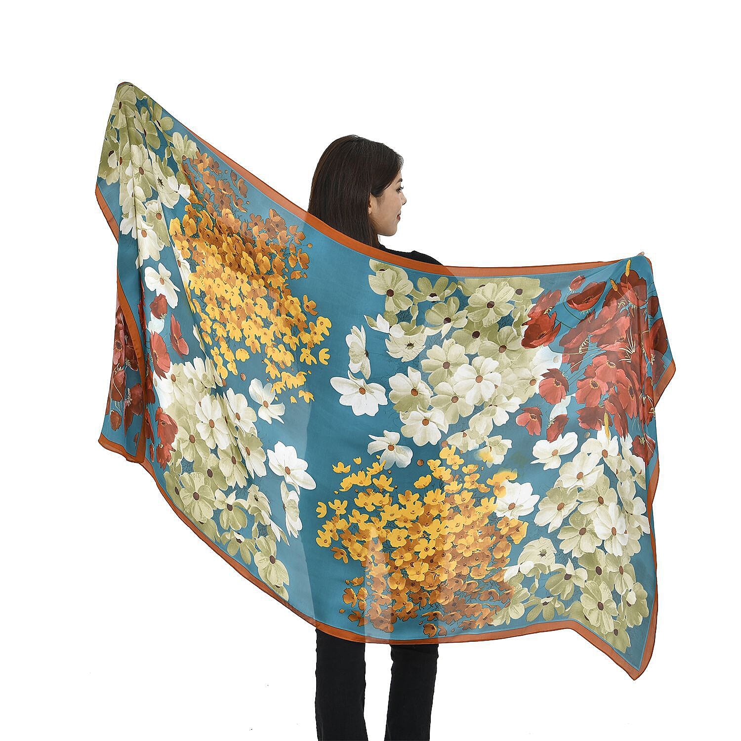 TAMSY Floral Pattern Scarf (Size 180x87 Cm) - Blue