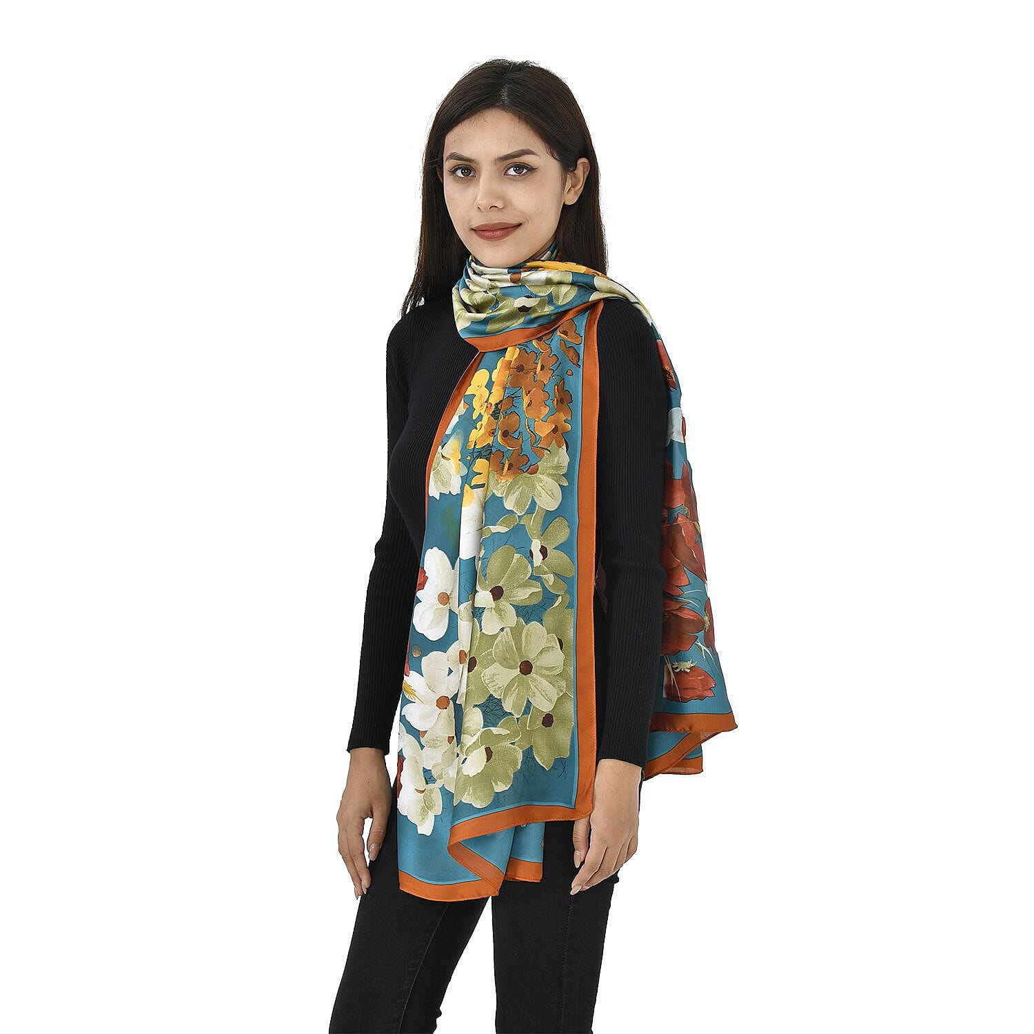 TAMSY Floral Pattern Scarf (Size 180x87 Cm) - Blue