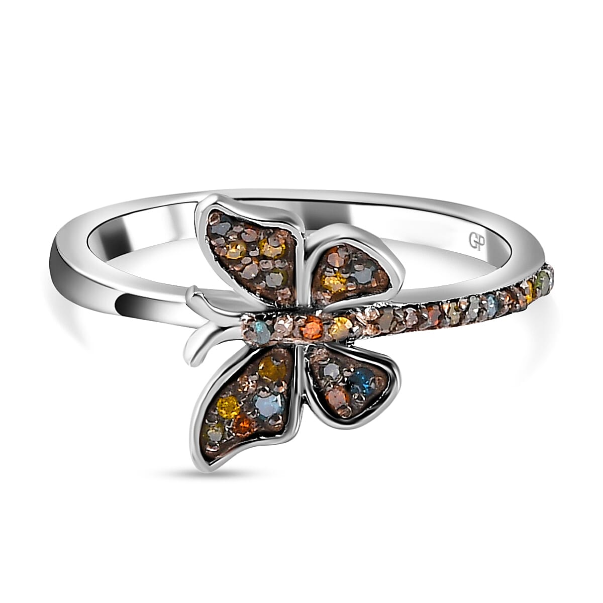 GP Italian Garden Collection - Champagne Diamond and Multi Gemstones Butterfly Ring in Platinum Overlay Sterling Silver 0.213 Ct.
