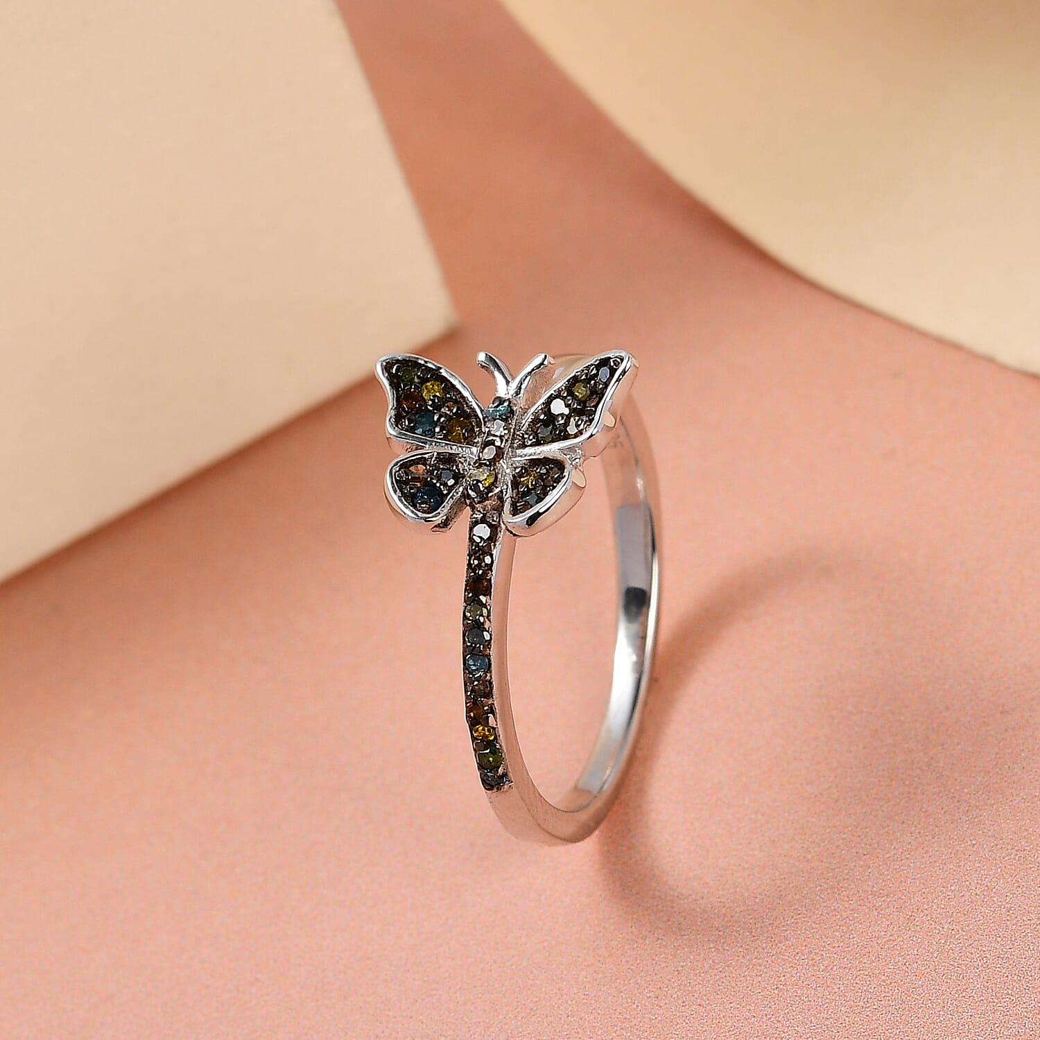 GP Italian Garden Collection - Champagne Diamond and Multi Gemstones Butterfly Ring in Platinum Overlay Sterling Silver 0.213 Ct.