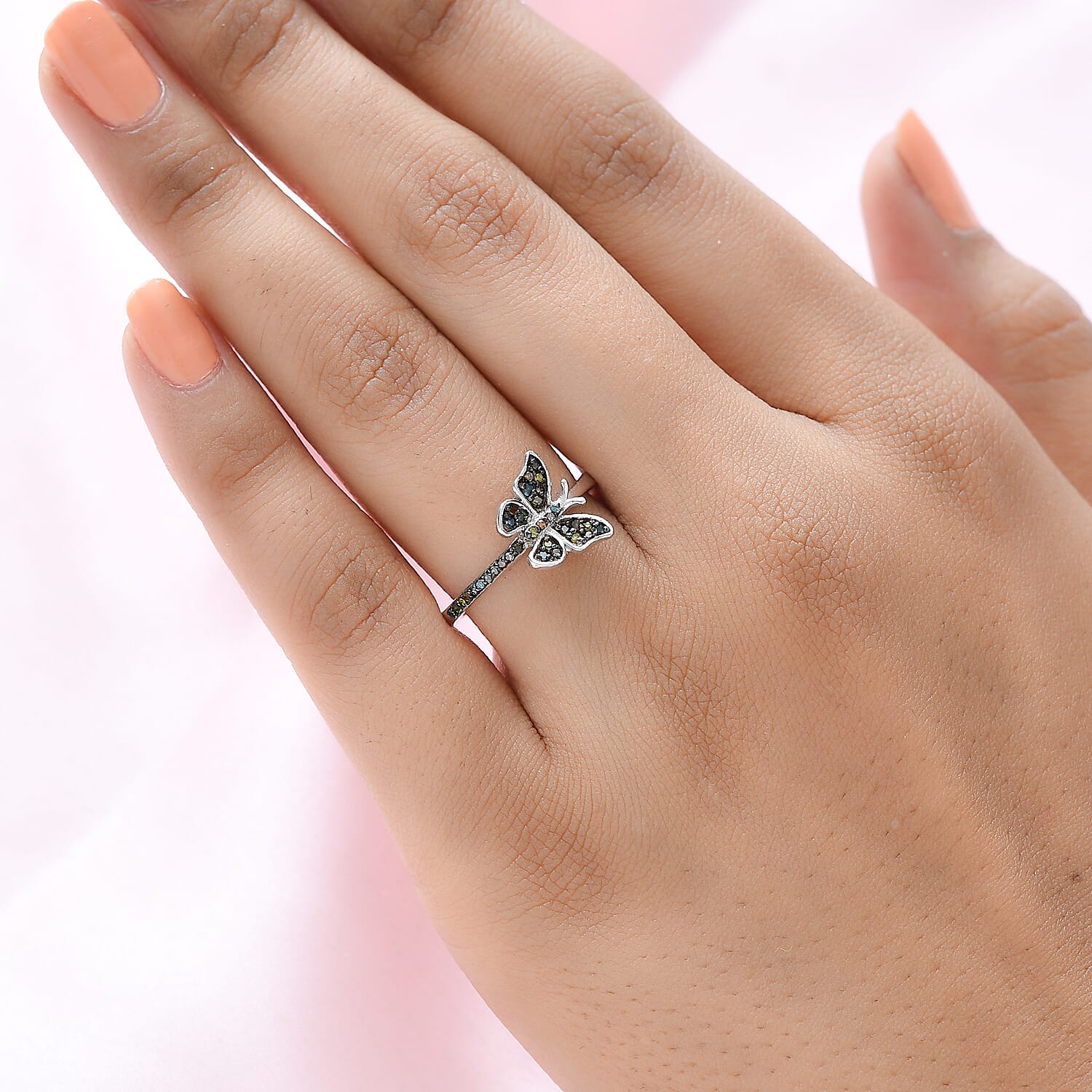 GP Italian Garden Collection - Champagne Diamond and Multi Gemstones Butterfly Ring in Platinum Overlay Sterling Silver 0.213 Ct.