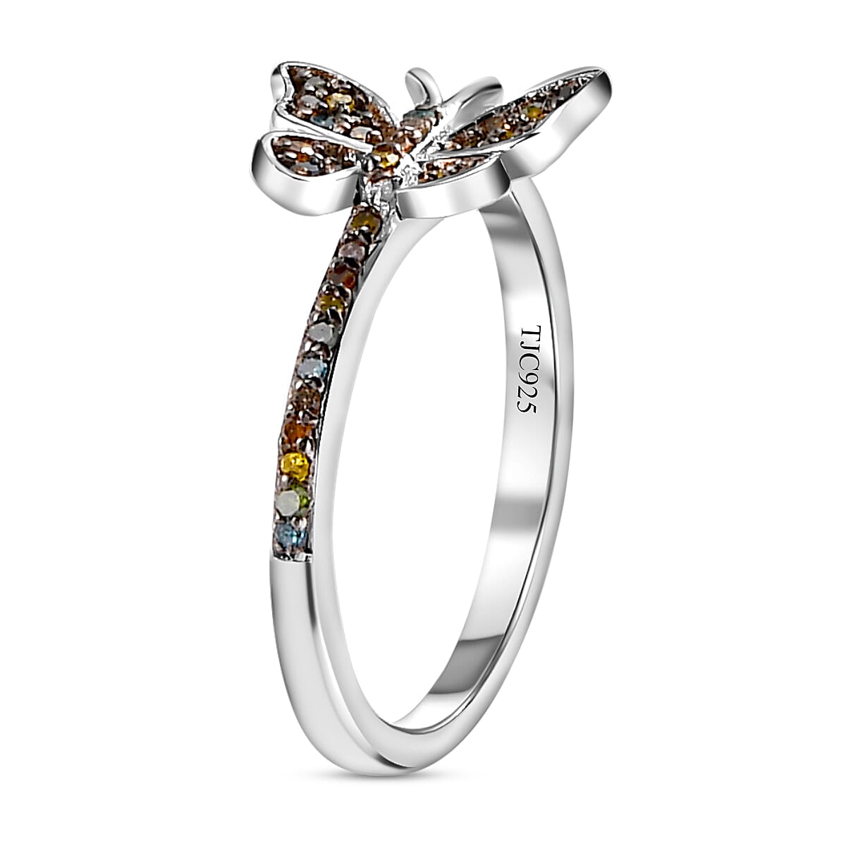 GP Italian Garden Collection - Champagne Diamond and Multi Gemstones Butterfly Ring in Platinum Overlay Sterling Silver 0.213 Ct.