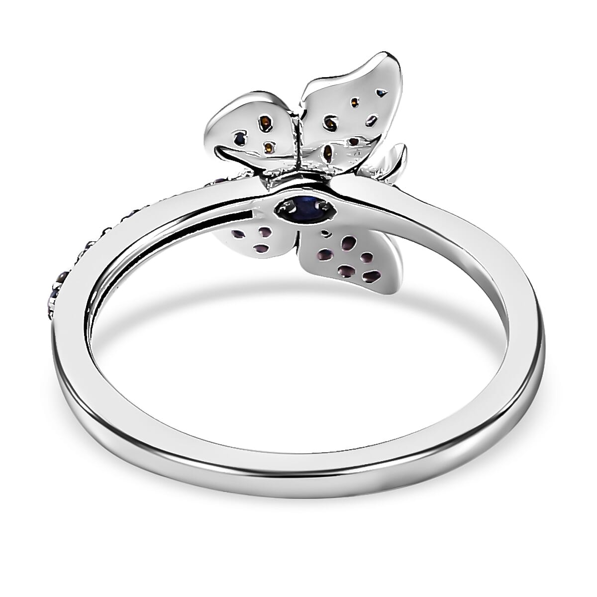 GP Italian Garden Collection - Champagne Diamond and Multi Gemstones Butterfly Ring in Platinum Overlay Sterling Silver 0.213 Ct.