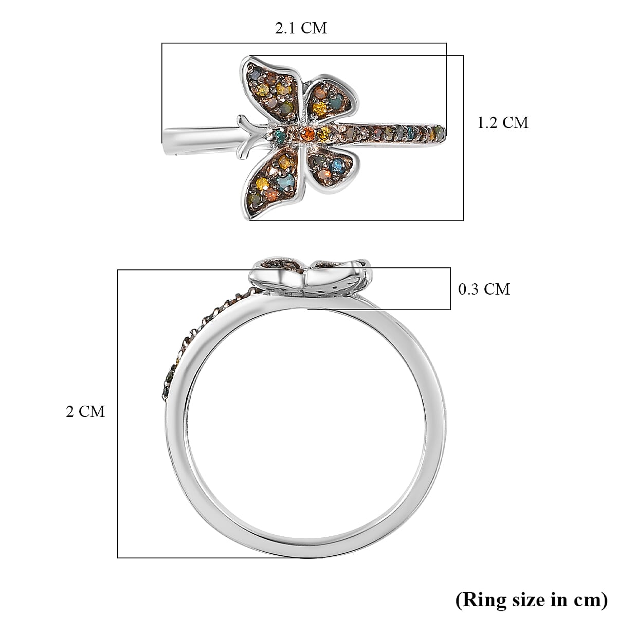 GP Italian Garden Collection - Champagne Diamond and Multi Gemstones Butterfly Ring in Platinum Overlay Sterling Silver 0.213 Ct.