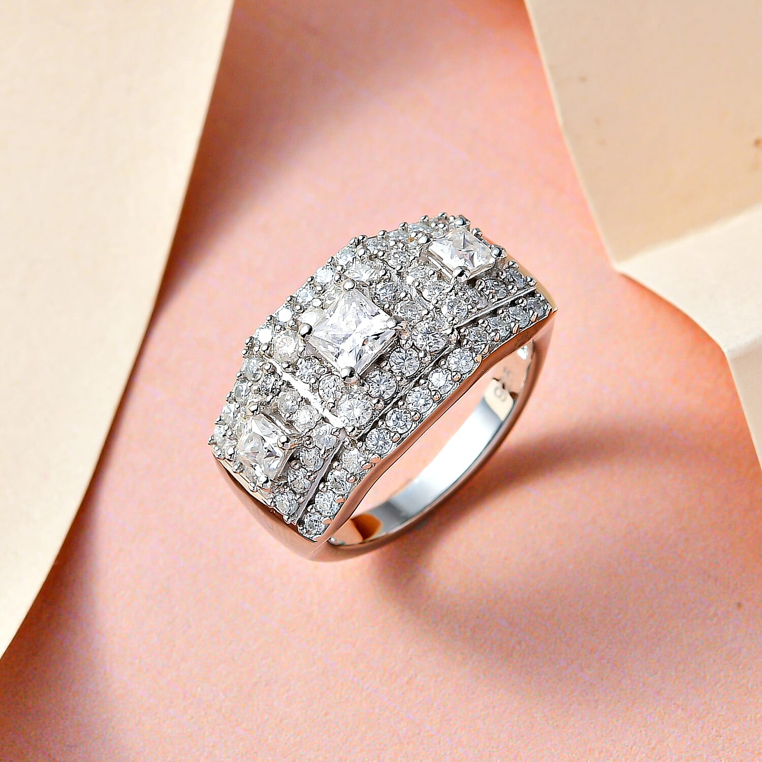 Moissanite Ring in Platinum Overlay Sterling Silver 1.76 Ct.