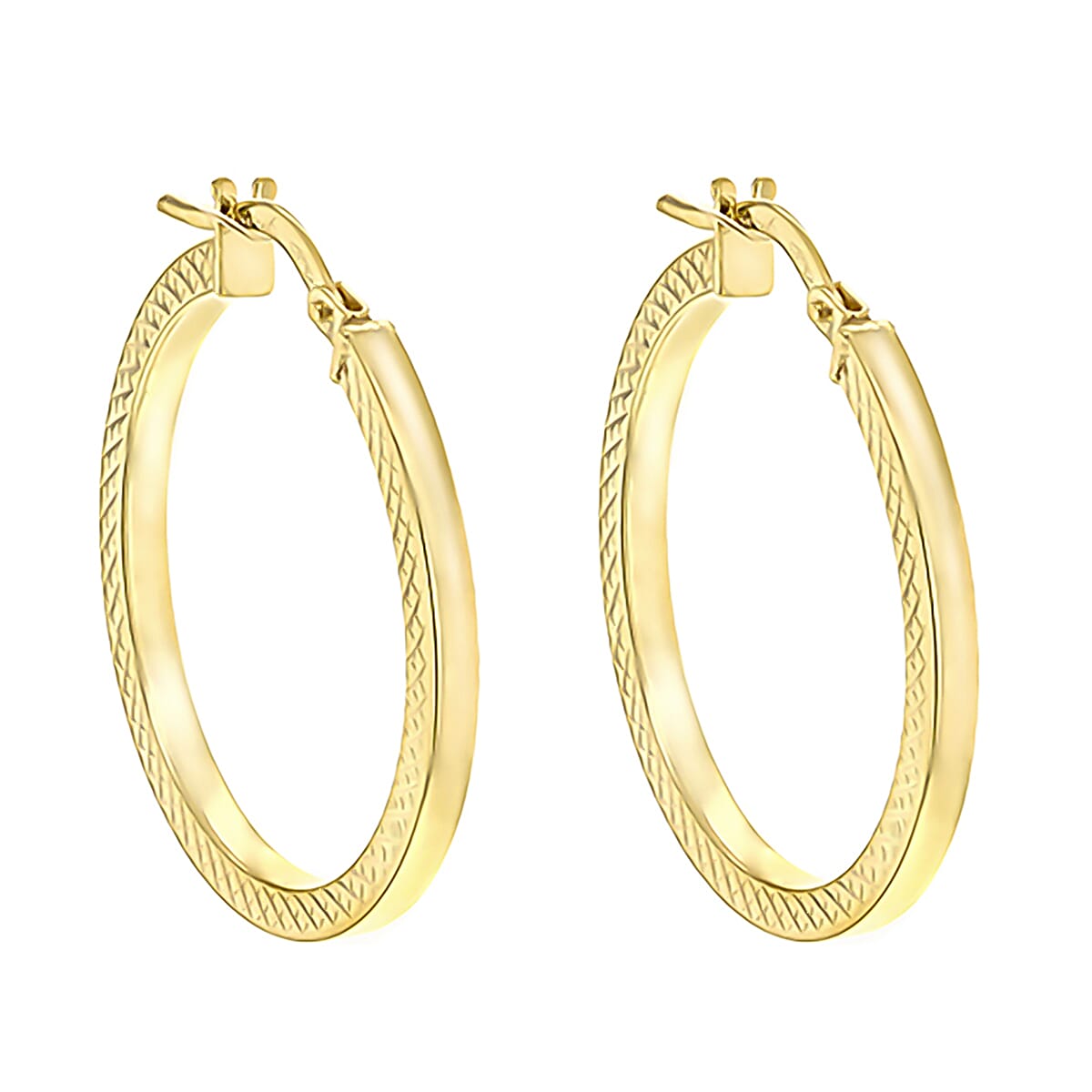 9K Yellow Gold 2mm Tube 20mm Cobra Textured Creole Earrings