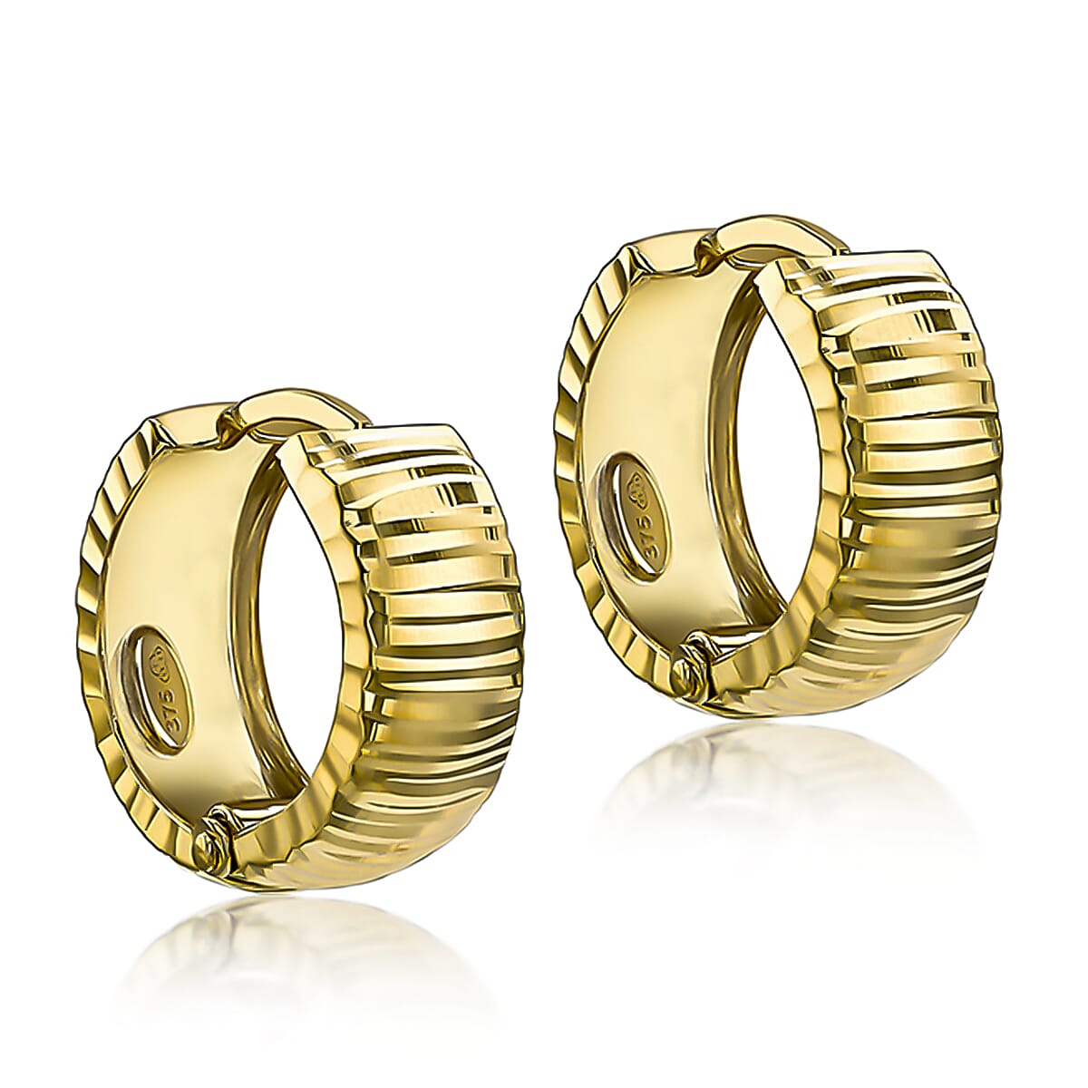 9K Yellow Gold 6mm X 15.5mm Diamond Cut Striated Huggy Creole Earrings