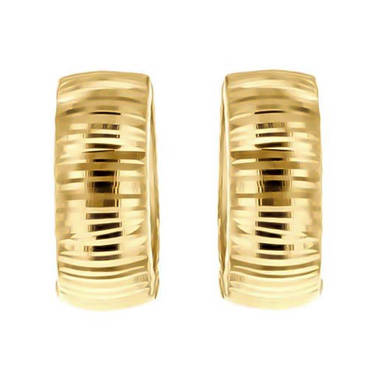 9K Yellow Gold 6mm X 15.5mm Diamond Cut Striated Huggy Creole Earrings