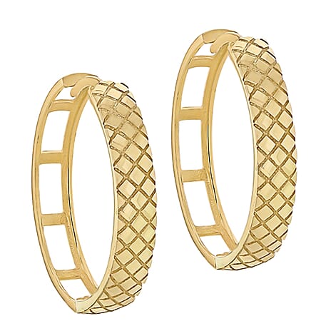 9K Yellow Gold 4mm X 23mm Quilted Large Hoop Earrings