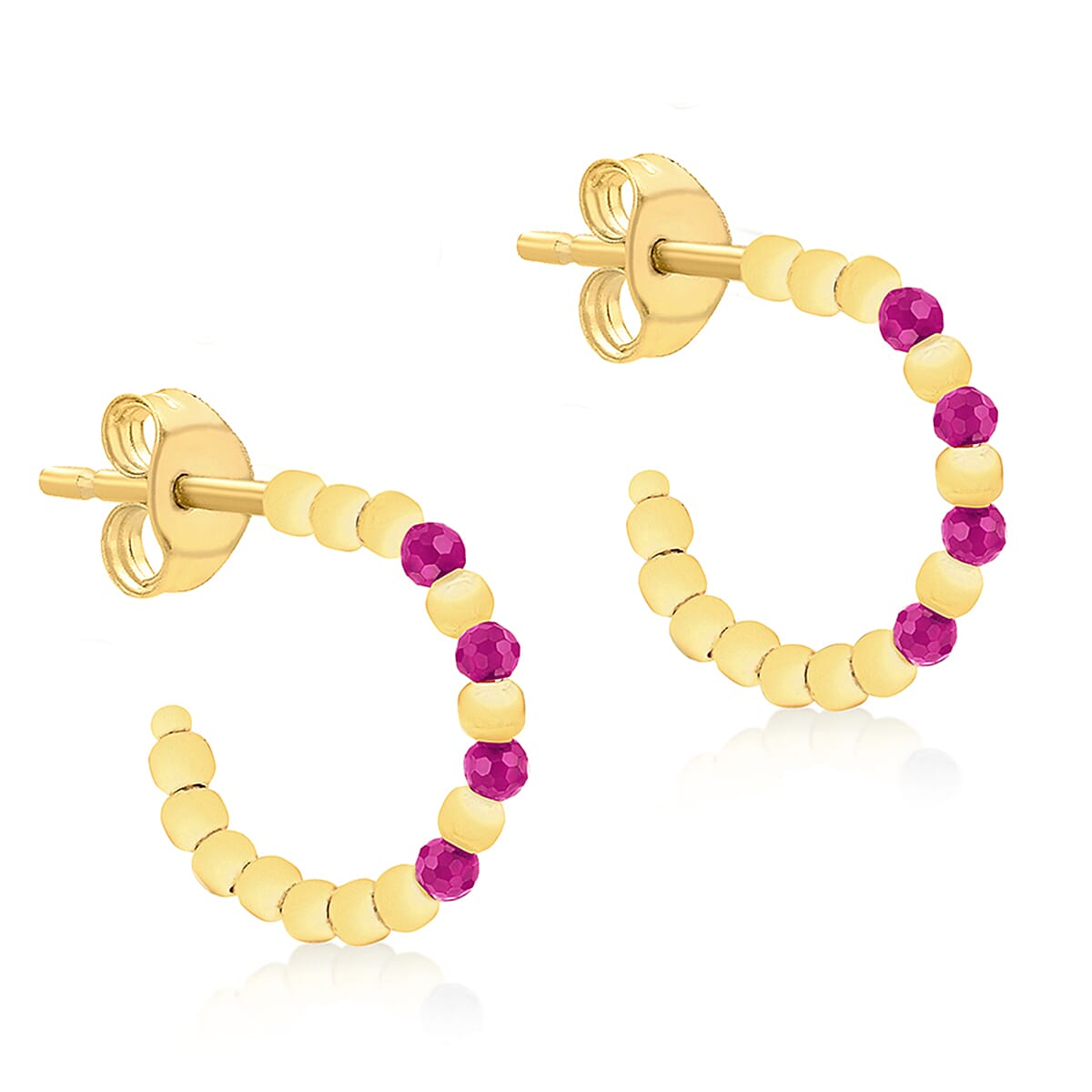 9K Yellow Gold 4 Synthetic Round Red Corondum Open Hoop Stud Earrings