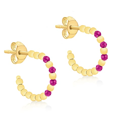 9K Yellow Gold 4 Synthetic Round Red Corondum Open Hoop Stud Earrings