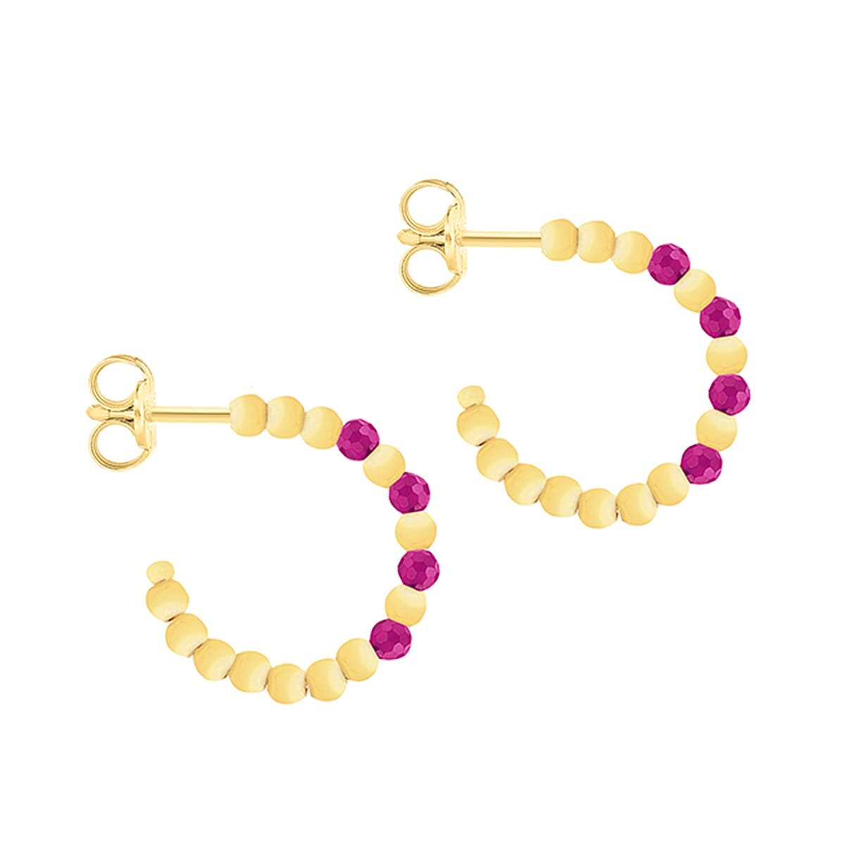 9K Yellow Gold 4 Synthetic Round Red Corondum Open Hoop Stud Earrings