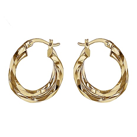 9K Yellow Gold Diamond Cut Double Twist Creole Earrings