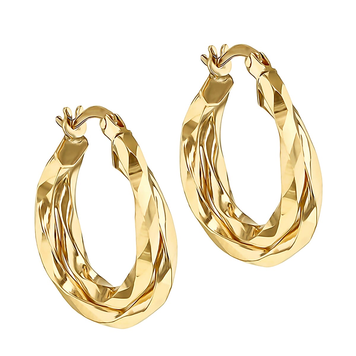 9K Yellow Gold Diamond Cut Double Twist Creole Earrings