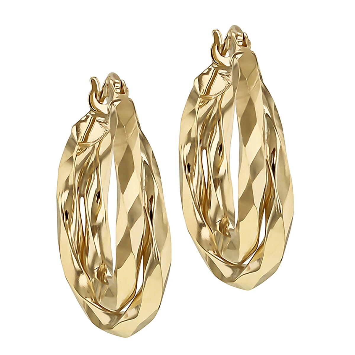 9K Yellow Gold Diamond Cut Double Twist Creole Earrings