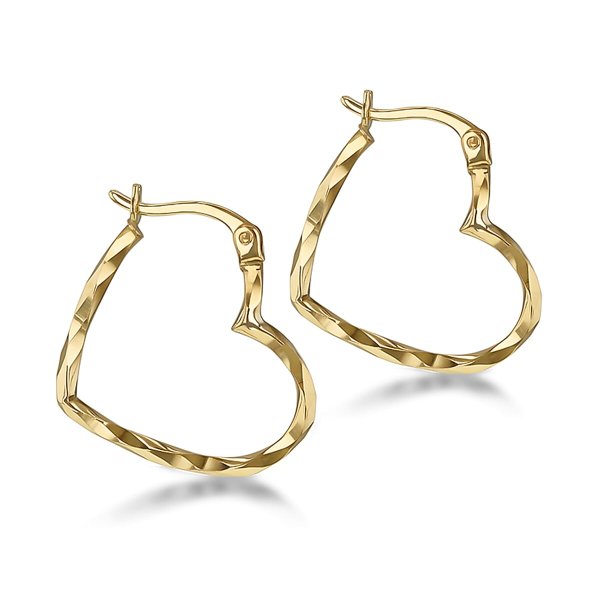 9K Yellow Gold Diamond Cut Heart Hoop Earrings