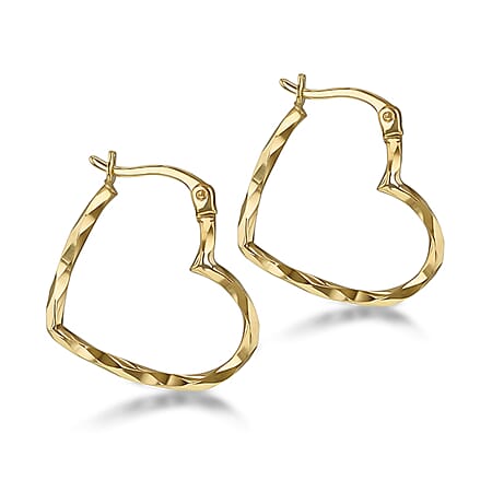9K Yellow Gold Diamond Cut Heart Hoop Earrings 9K Yellow Gold Diamond Cut Heart Hoop Earrings