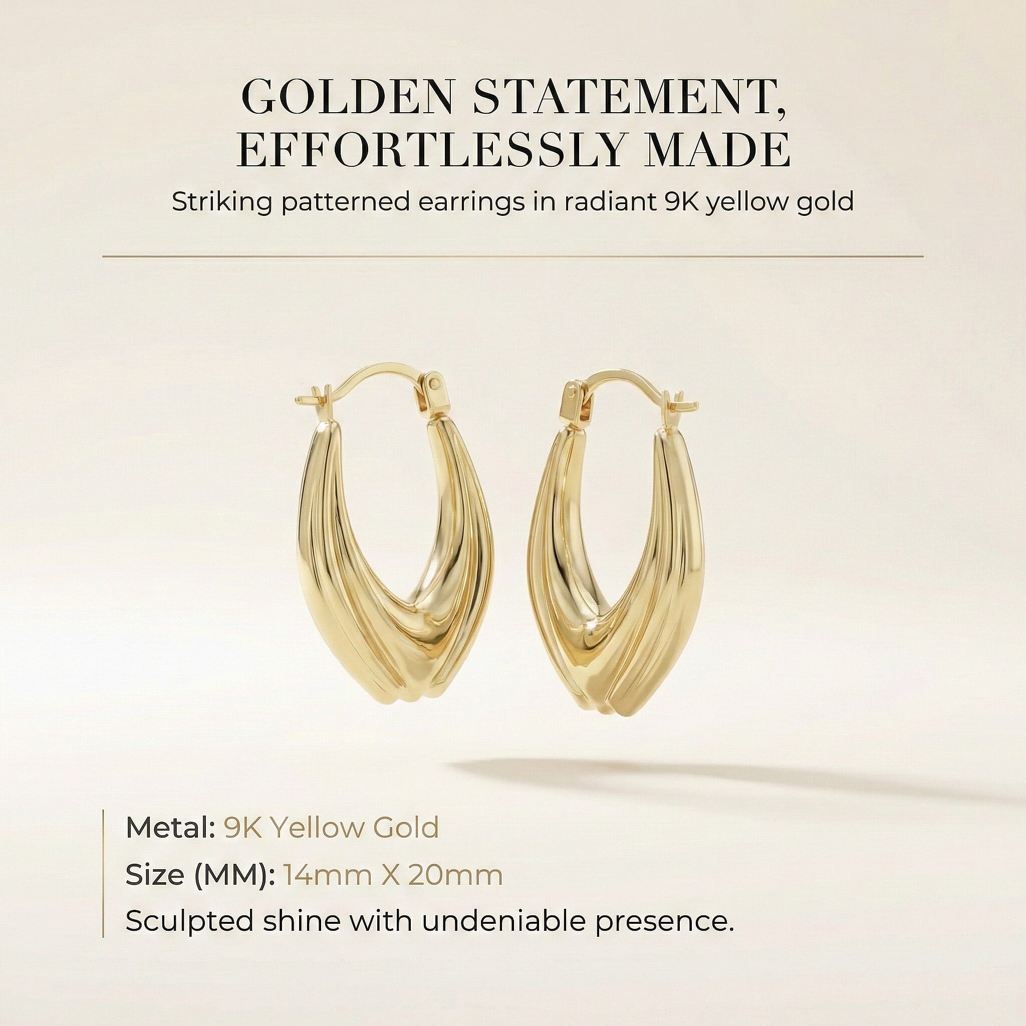 9K Yellow Gold 14mm X 20mm Patterned Creole Earrings