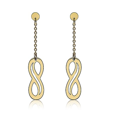 9K Yellow Gold 5.5mm X 15mm Cutout Infinity Symbol And Chain Drop Earrings