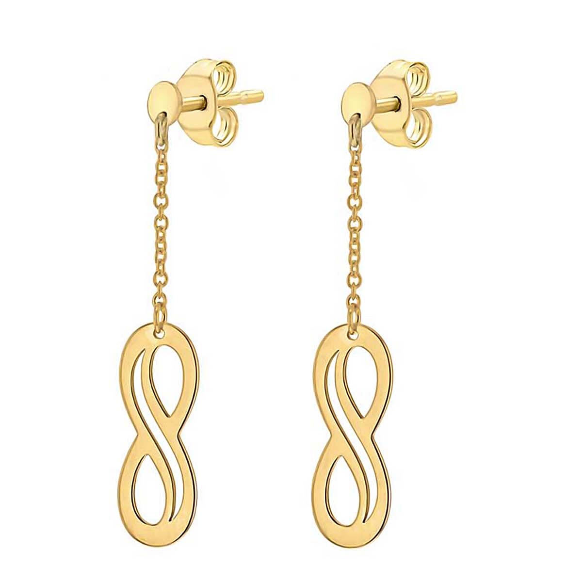 9K Yellow Gold 5.5mm X 15mm Cutout Infinity Symbol And Chain Drop Earrings