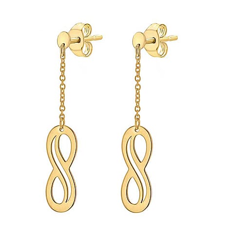 9K Yellow Gold 5.5mm X 15mm Cutout Infinity Symbol And Chain Drop Earrings