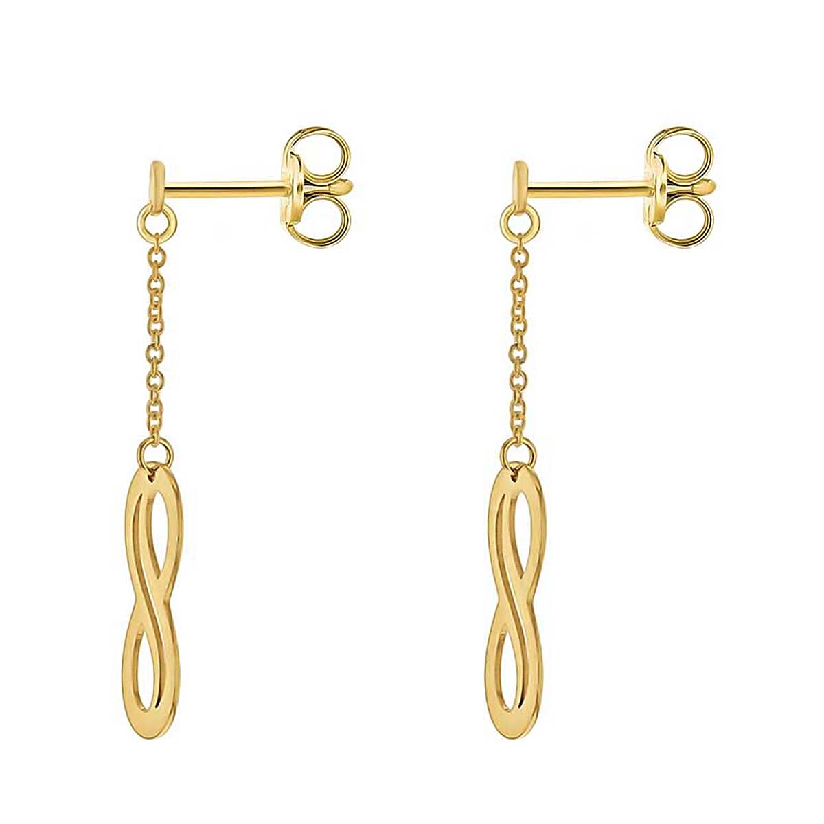9K Yellow Gold 5.5mm X 15mm Cutout Infinity Symbol And Chain Drop Earrings
