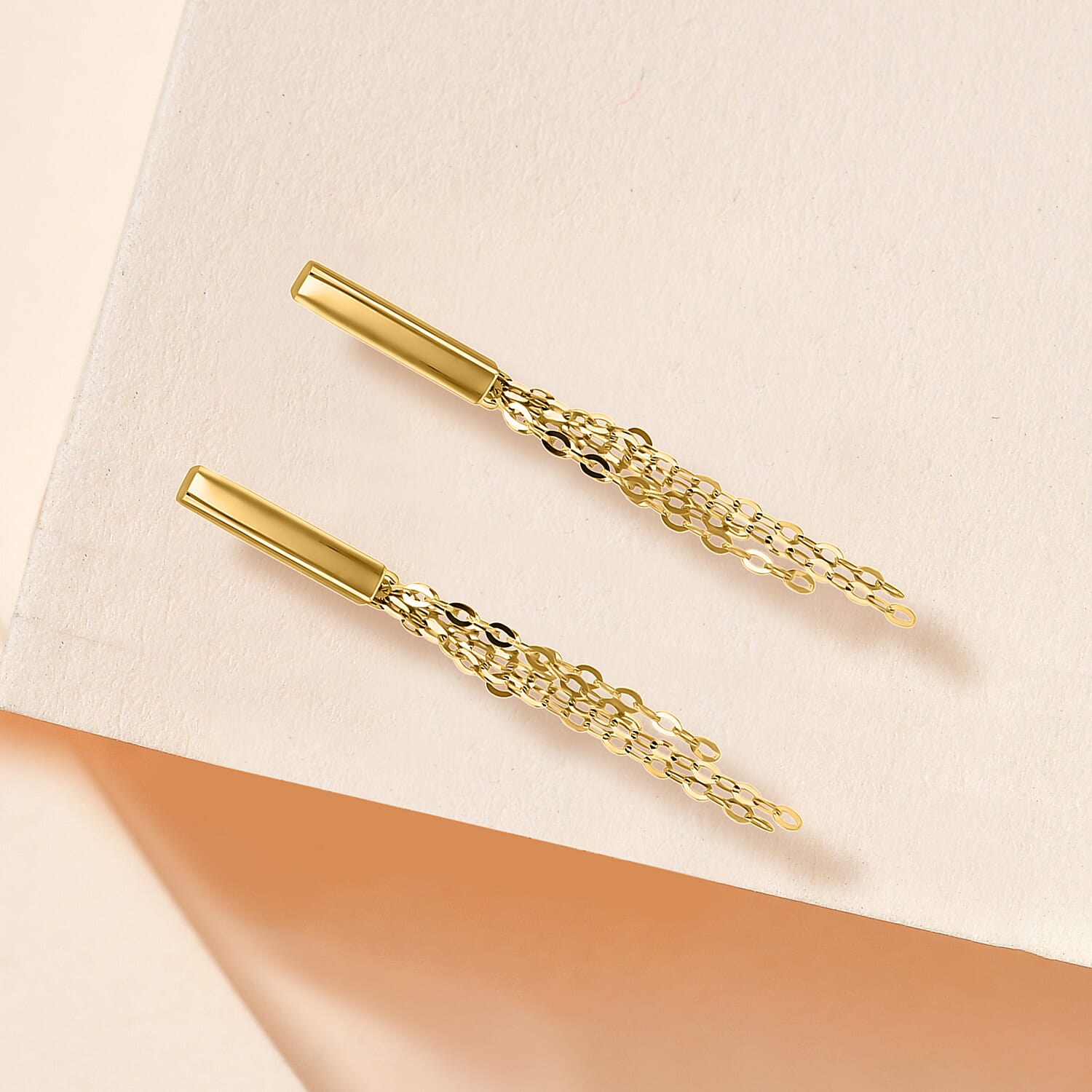 9K Yellow Gold 2.5mm X 16mm Bars With Tassle Earrings