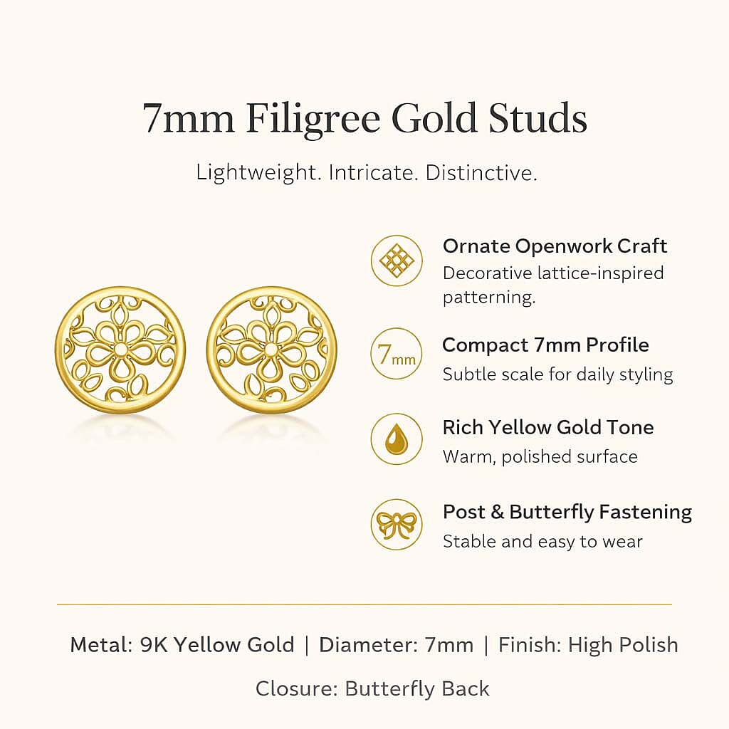 9K Yellow Gold 7mm Filigree Round Stud Earrings