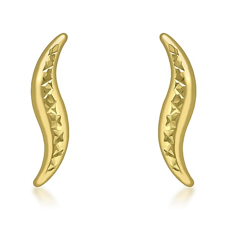 9K Yellow Gold 4mm X 16mm Diamond Cut Slim 'Wave' Stud Earrings