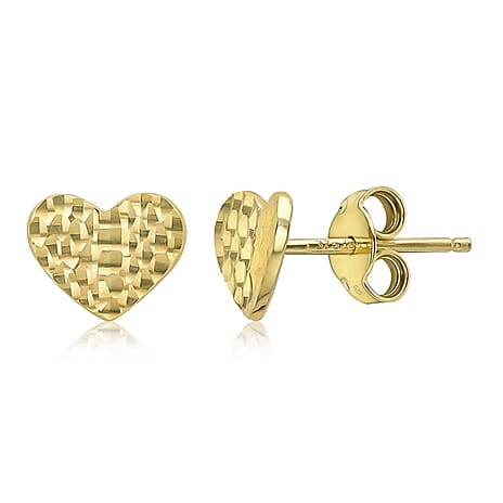 9K Yellow Gold 9mm X 7mm Diamond Cut Curved  'Heart' Stud Earring