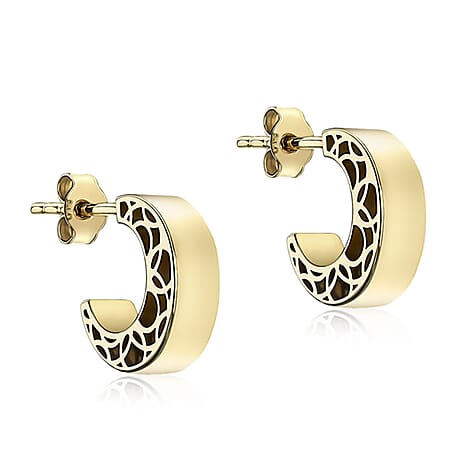 9K Yellow Gold 3mm X 10mm Filigree Side Half Hoop Stud Earrings