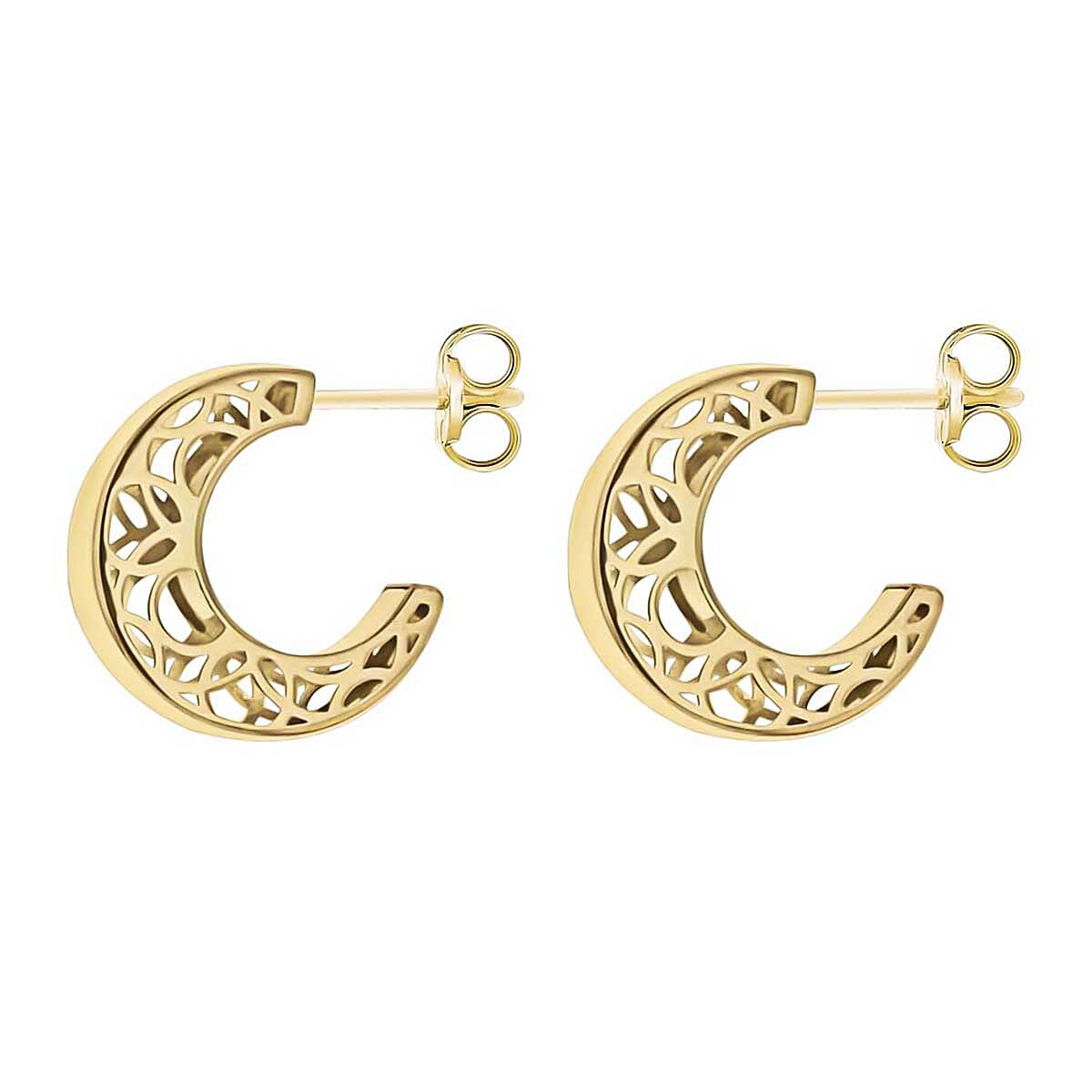 9K Yellow Gold 3mm X 10mm Filigree Side Half Hoop Stud Earrings