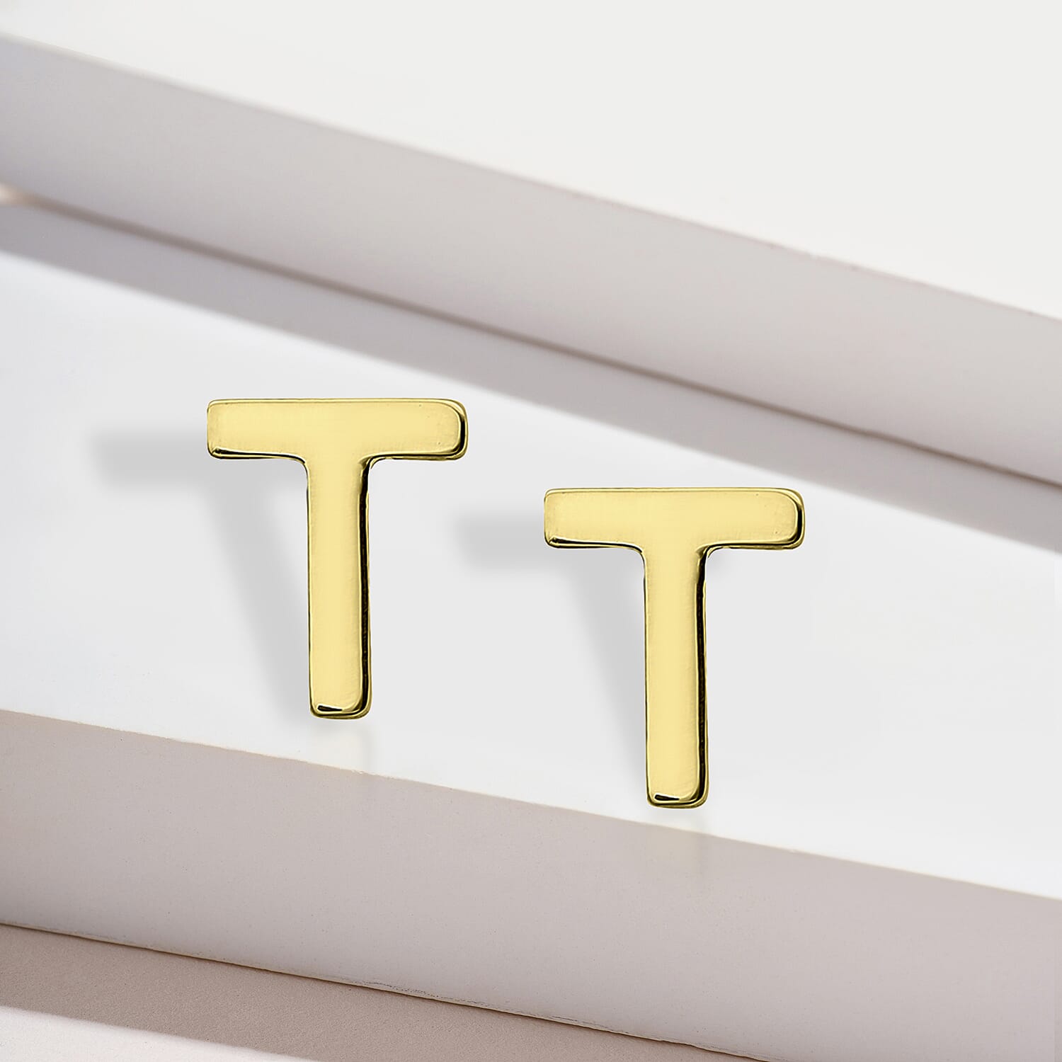 9K Yellow Gold 4mm X 5mm 'T' Initial Stud Earrings
