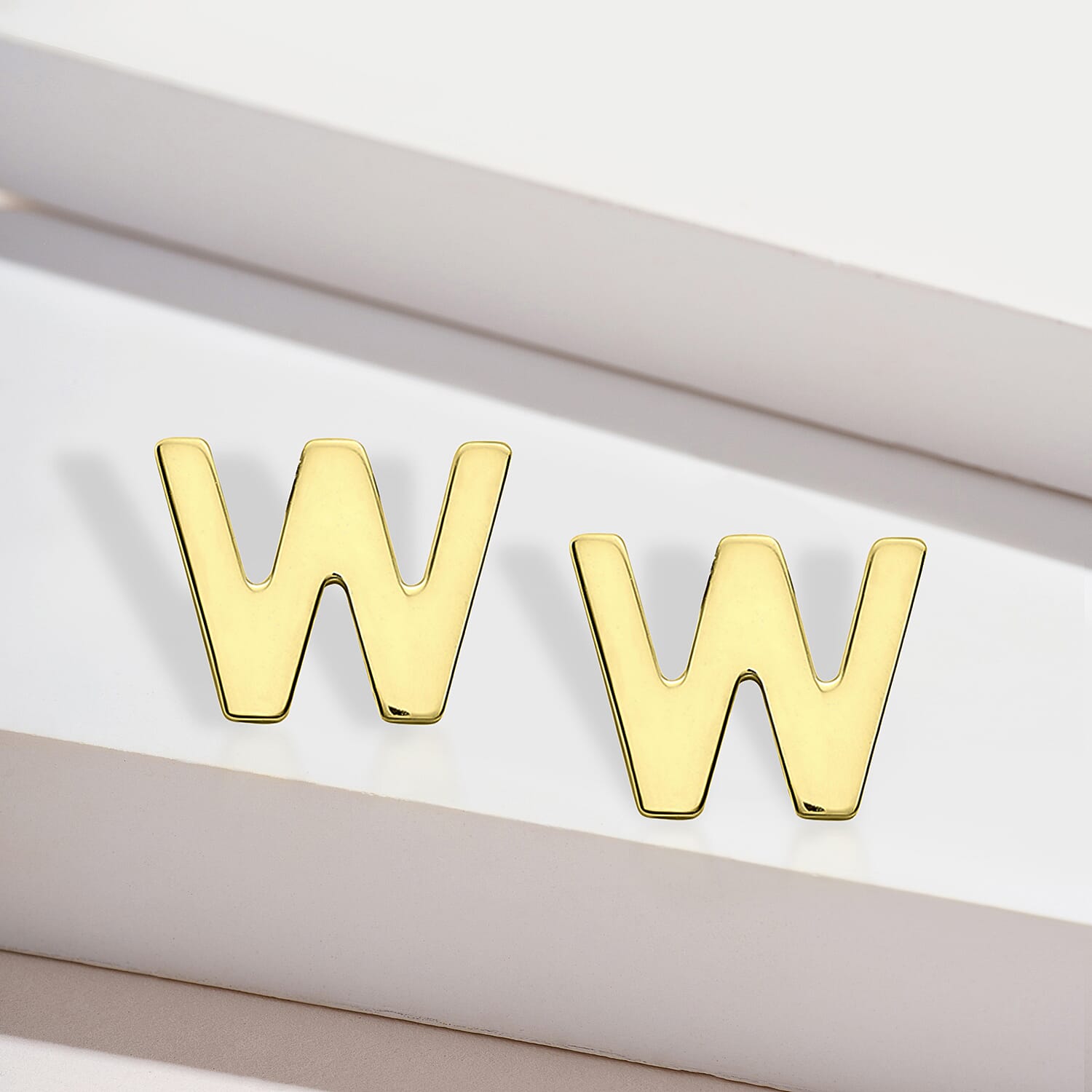 9K Yellow Gold 6mm X 5mm 'W' Initial Stud Earrings