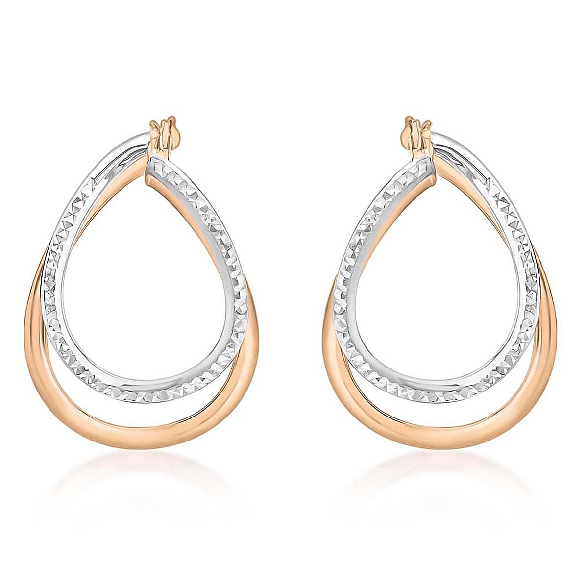 9K Two Colour Gold 20.5mm X 29.5mm Diamond Cut Front Facing Double Oval Hoop Earrings