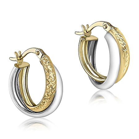 9K Two Colour Gold 15mm Diamond Cut And Plain 3mm Band Crossover Earrings