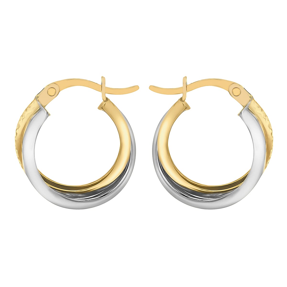 9K Two Colour Gold 15mm Diamond Cut And Plain 3mm Band Crossover Creole Earrings
