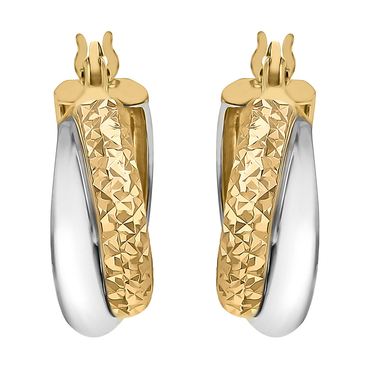 9K Two Colour Gold 15mm Diamond Cut And Plain 3mm Band Crossover Creole Earrings