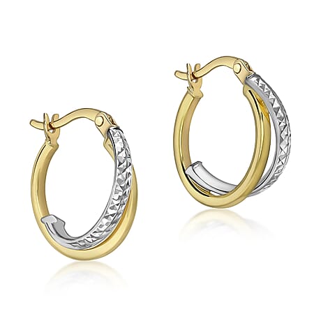 9K Two Colour Gold 16mm Diamond Cut And Plain 2mm Band Crossover Hoop Earrings