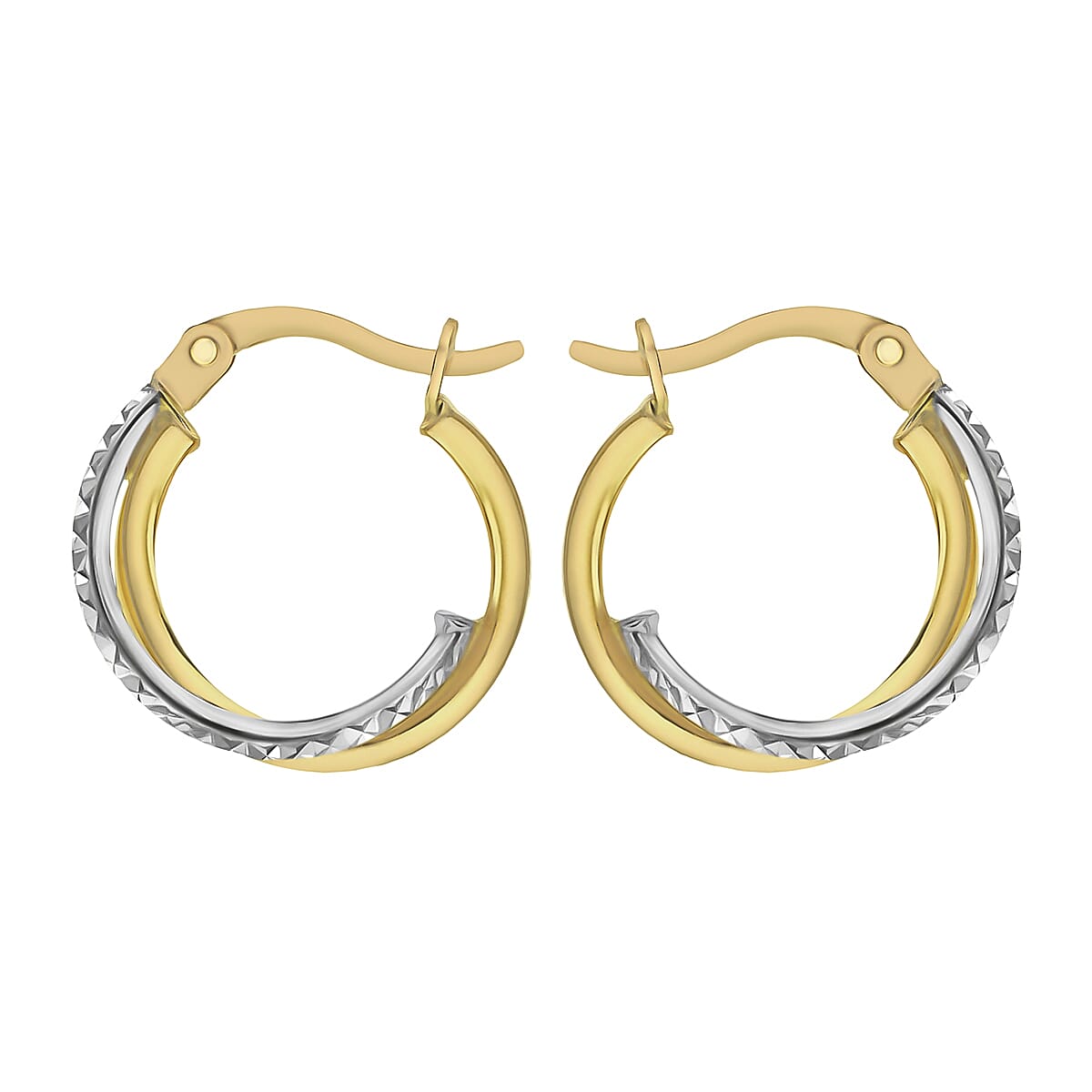 9K Two Colour Gold 16mm Diamond Cut And Plain 2mm Band Crossover Hoop Creole Earrings