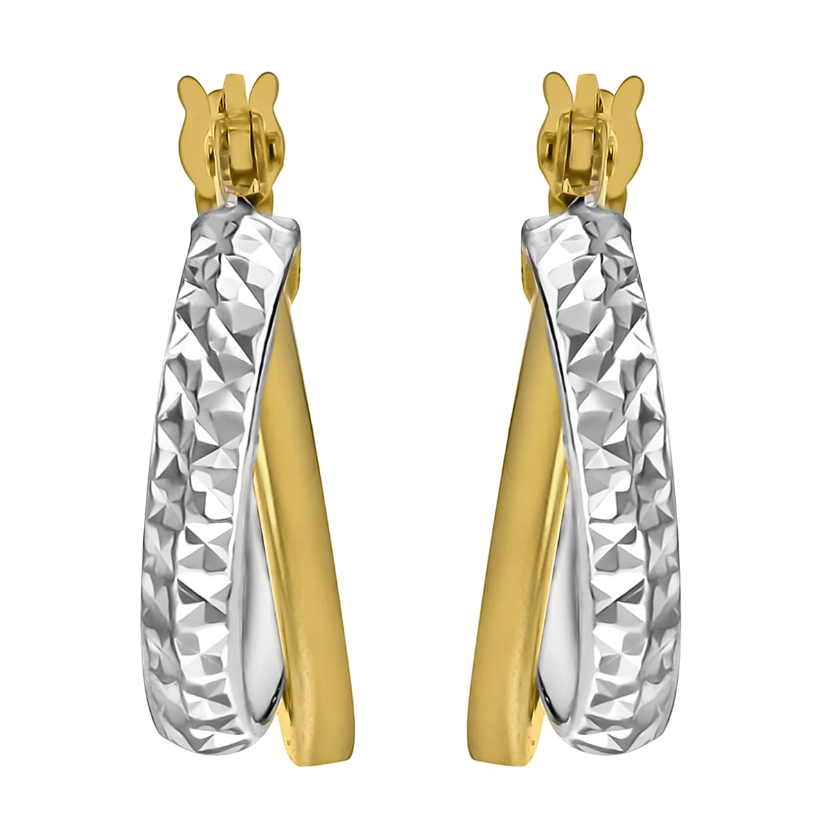 9K Two Colour Gold 16mm Diamond Cut And Plain 2mm Band Crossover Hoop Creole Earrings