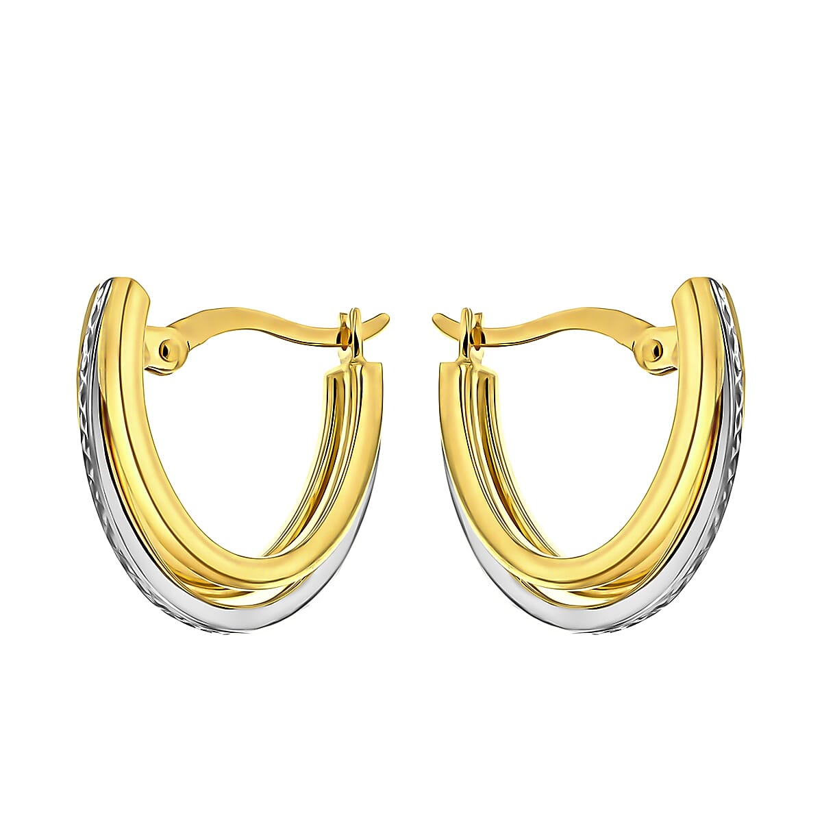 9K Two Colour Gold 14mm X 18mm Diamond Cut Triple Huggy Earrings