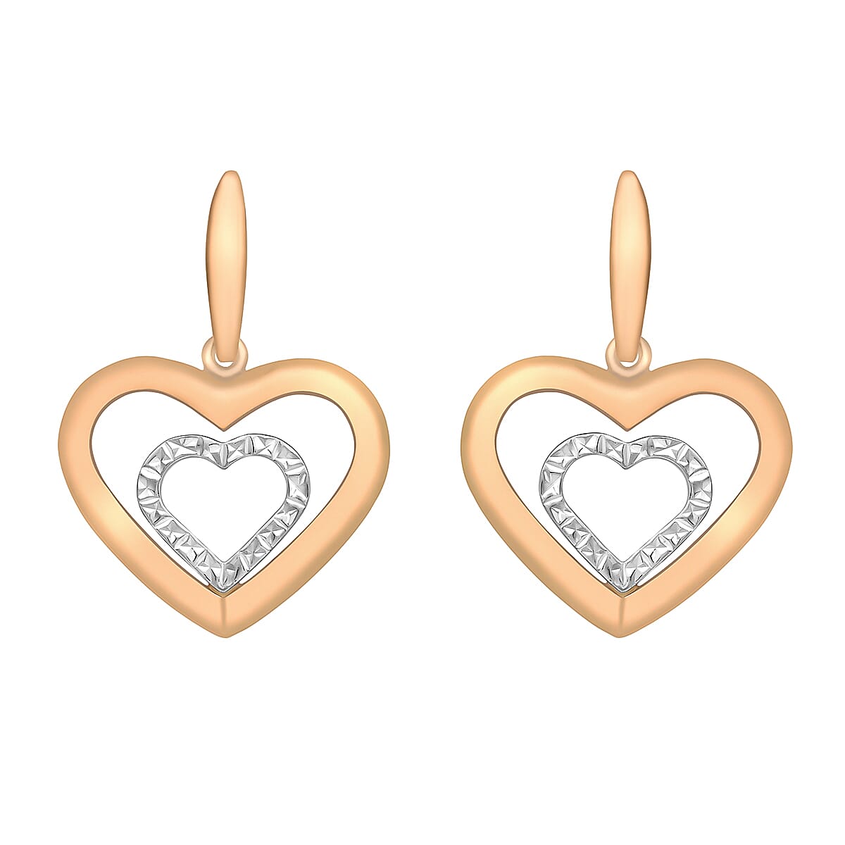 9K Two Colour Gold 19mm X 26mm Diamond Cut Double Heart Drop Earrings