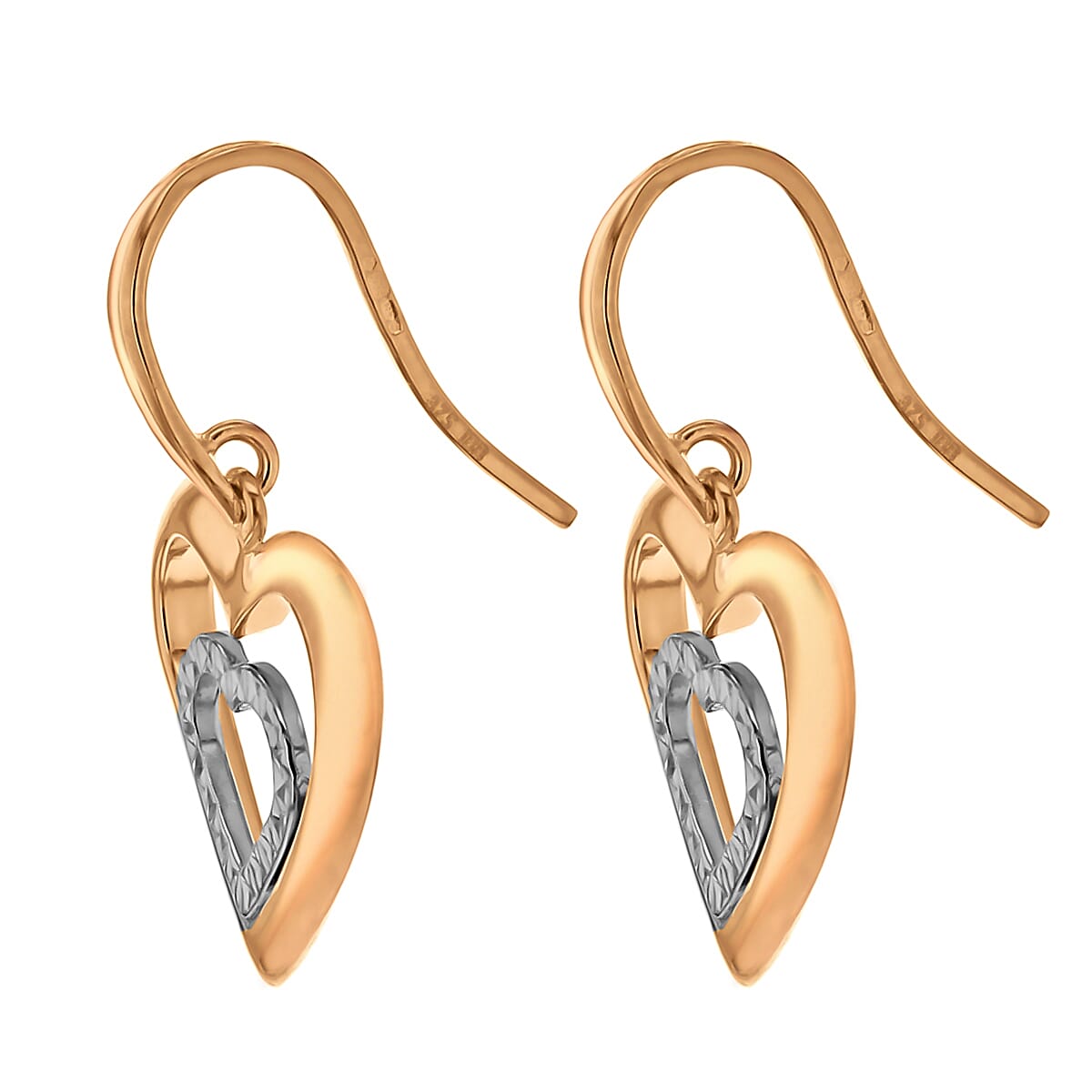 9K Two Colour Gold 19mm X 26mm Diamond Cut Double Heart Drop Earrings