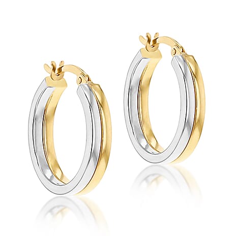 9K Two Colour Gold Double Line Band 4mm X 19.5mm Hoop Earrrings